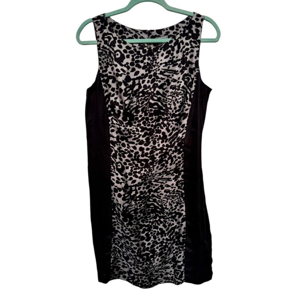 Ann Taylor Shift Dress 100% silk black / gray leopard animal print Sleeveless 10